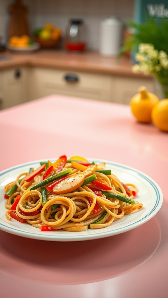 A delicious bowl of zucchini noodle stir-fry with colorful vegetables.
