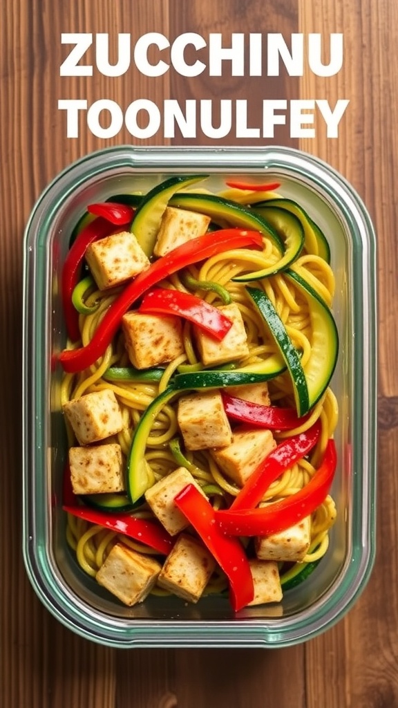 A colorful zucchini noodle stir-fry with tofu and bell peppers in a meal prep container.