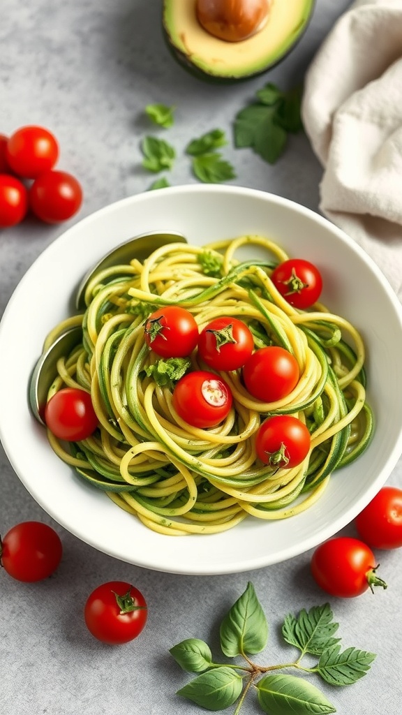 A bowl of zucchini noodles topped with avocado pesto and cherry tomatoes.