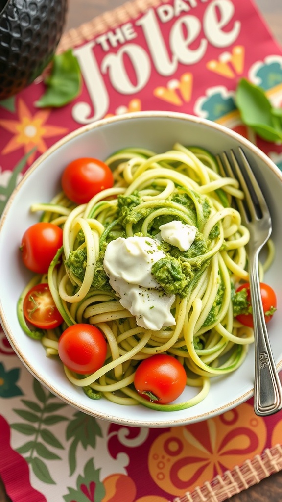 A bowl of zucchini noodles topped with avocado pesto and cherry tomatoes.