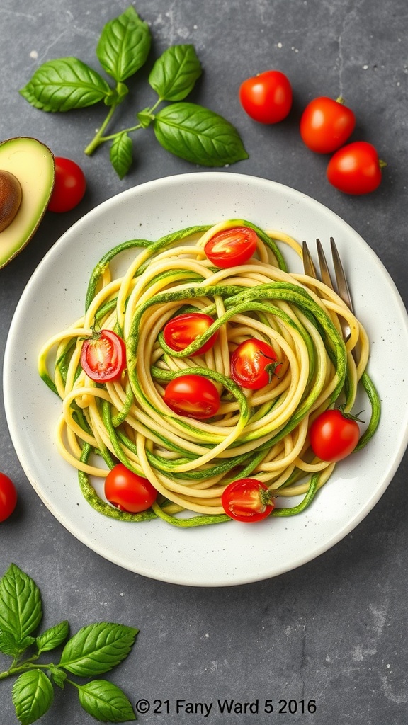 A plate of zucchini noodles topped with avocado pesto and cherry tomatoes.