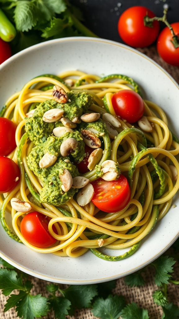 A bowl of zucchini noodles topped with avocado pesto, cherry tomatoes, and nuts.