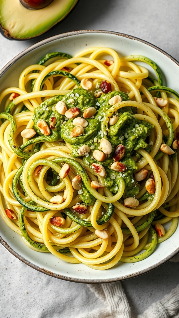 A bowl of zucchini noodles topped with creamy avocado pesto and pine nuts.