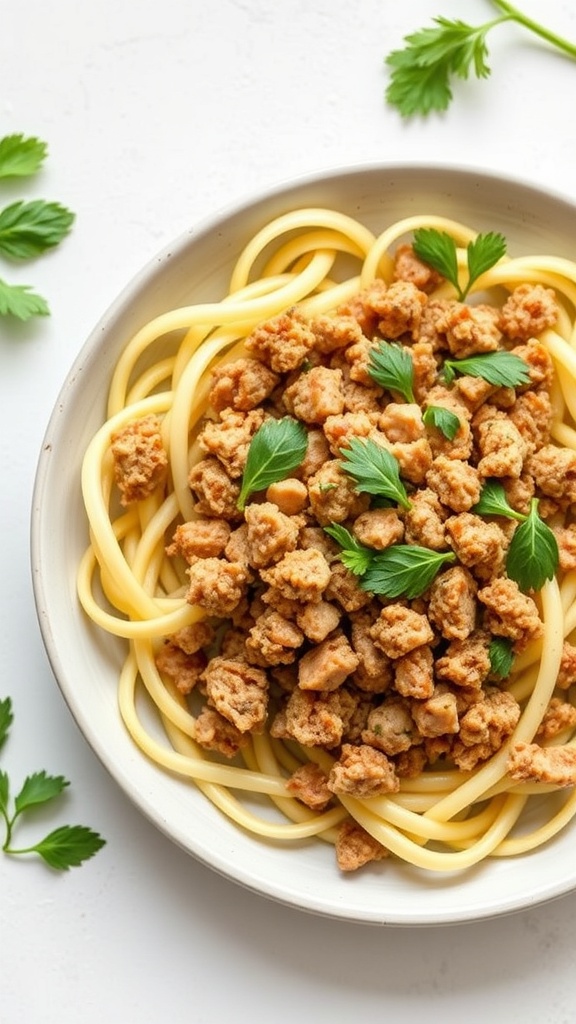 A bowl of zucchini noodles topped with ground turkey and garnished with parsley.