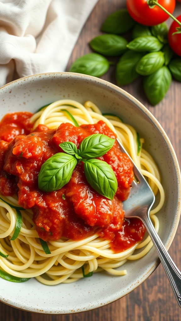 A bowl of zucchini noodles topped with marinara sauce and fresh basil.