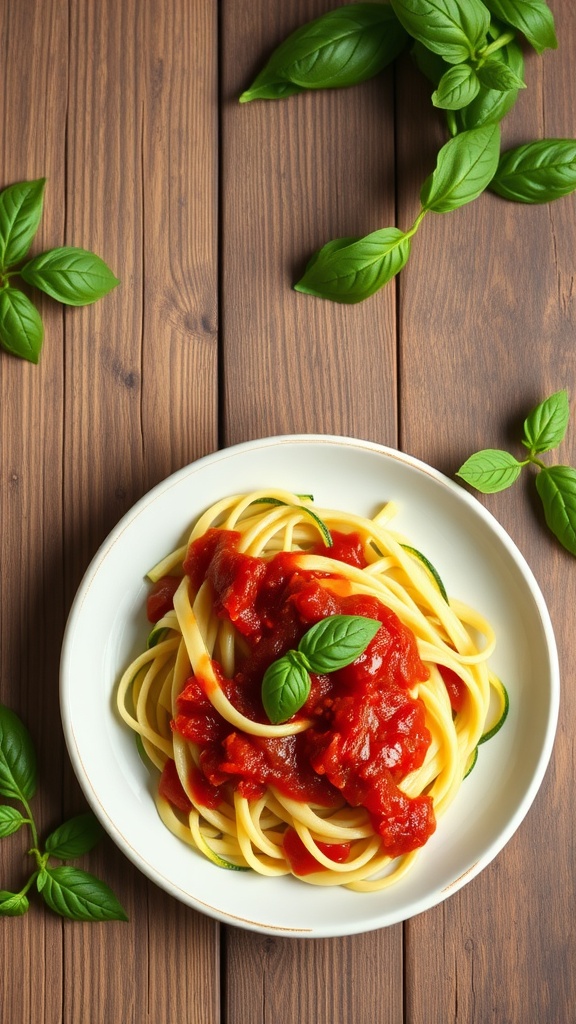 A bowl of zucchini noodles topped with marinara sauce and fresh basil on a wooden table.