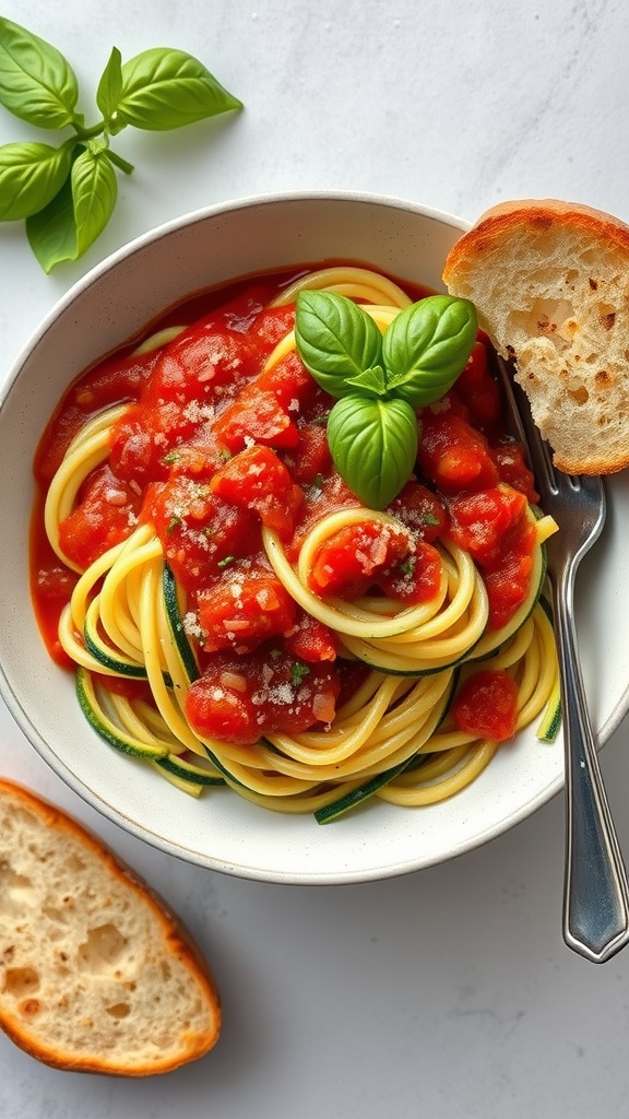 A bowl of zucchini noodles topped with marinara sauce and fresh basil, with a slice of bread on the side.