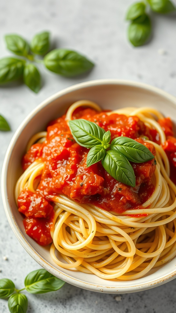 A bowl of zucchini noodles topped with marinara sauce and fresh basil leaves.