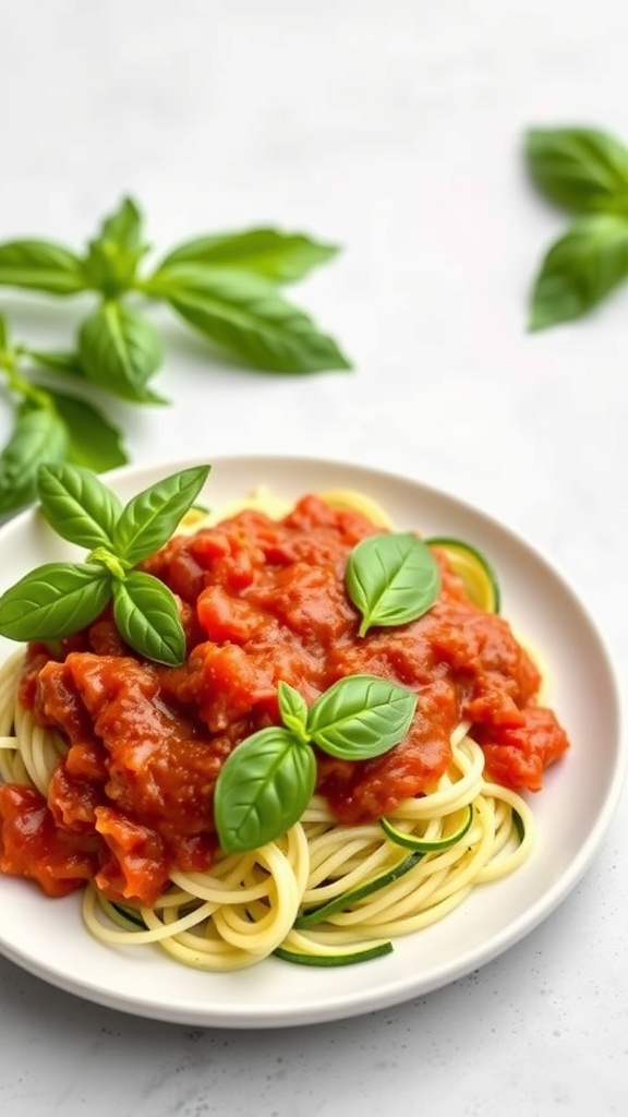 A plate of zucchini noodles topped with marinara sauce and fresh basil leaves.