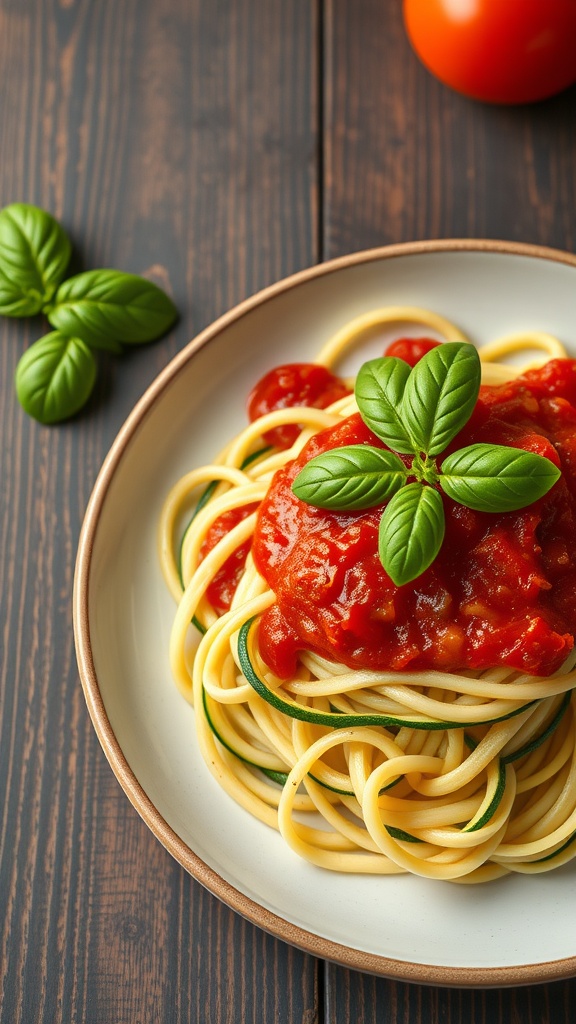 A plate of zucchini noodles topped with marinara sauce and basil leaves.