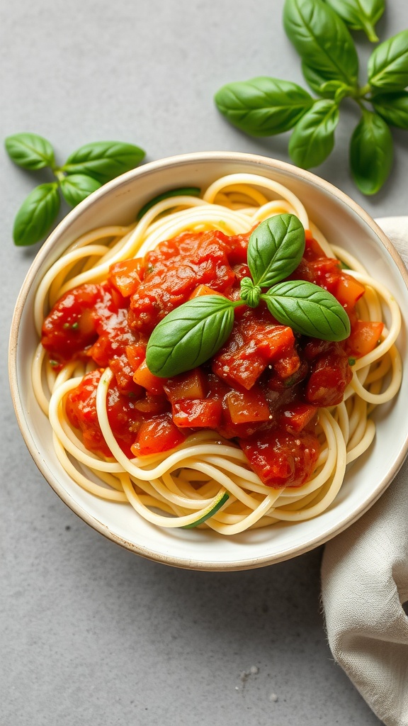 A bowl of zucchini noodles topped with marinara sauce and fresh basil.
