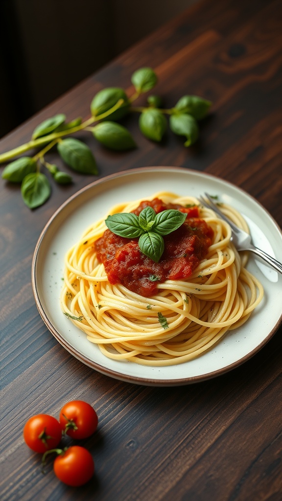 A plate of zucchini noodles topped with marinara sauce and fresh basil on a wooden table.