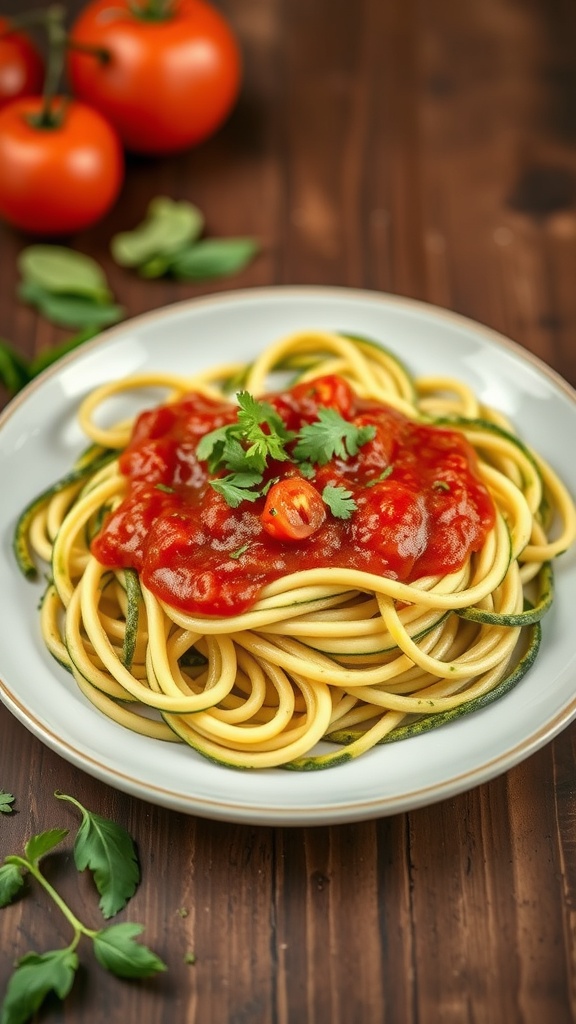 A plate of zucchini noodles topped with marinara sauce, garnished with fresh herbs, with tomatoes in the background.