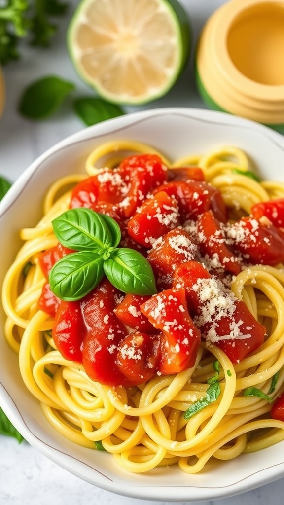 A bowl of zucchini noodles topped with marinara sauce, garnished with fresh basil.