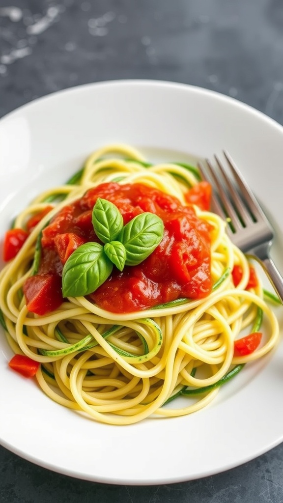 A plate of zucchini noodles topped with marinara sauce and fresh basil.