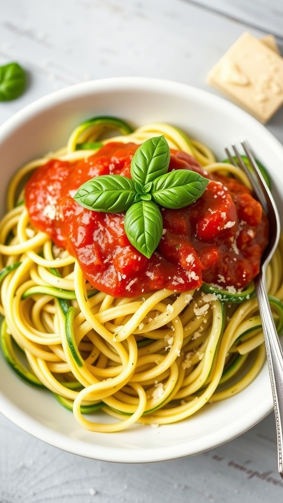 A bowl of zucchini noodles topped with marinara sauce and fresh basil.