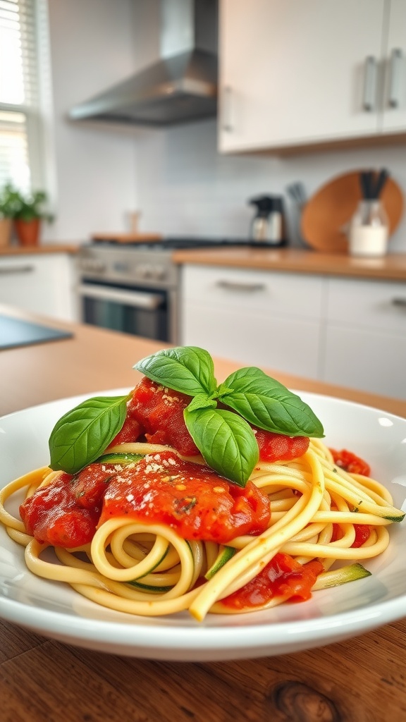 A bowl of zucchini noodles topped with marinara sauce and fresh basil.