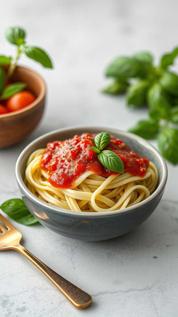 A bowl of zucchini noodles topped with marinara sauce and fresh basil.
