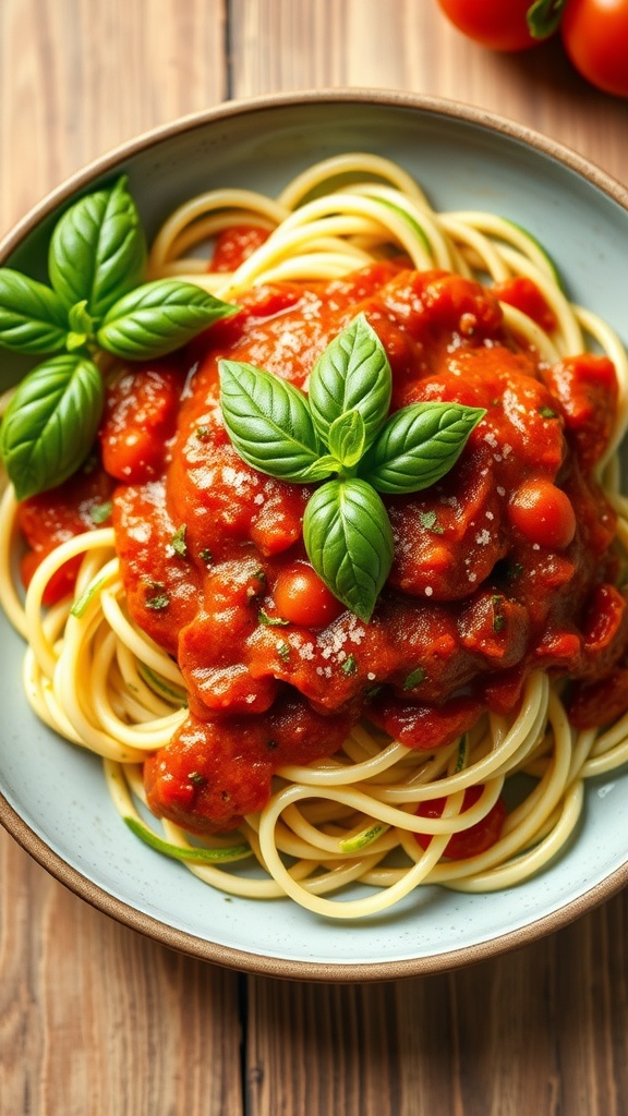 A bowl of zucchini noodles topped with marinara sauce and fresh basil.