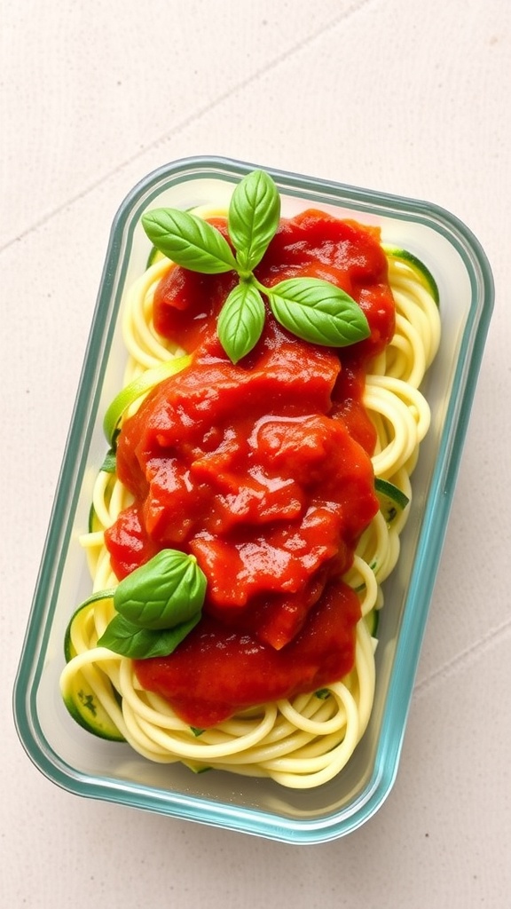A container of zucchini noodles topped with marinara sauce and fresh basil leaves.