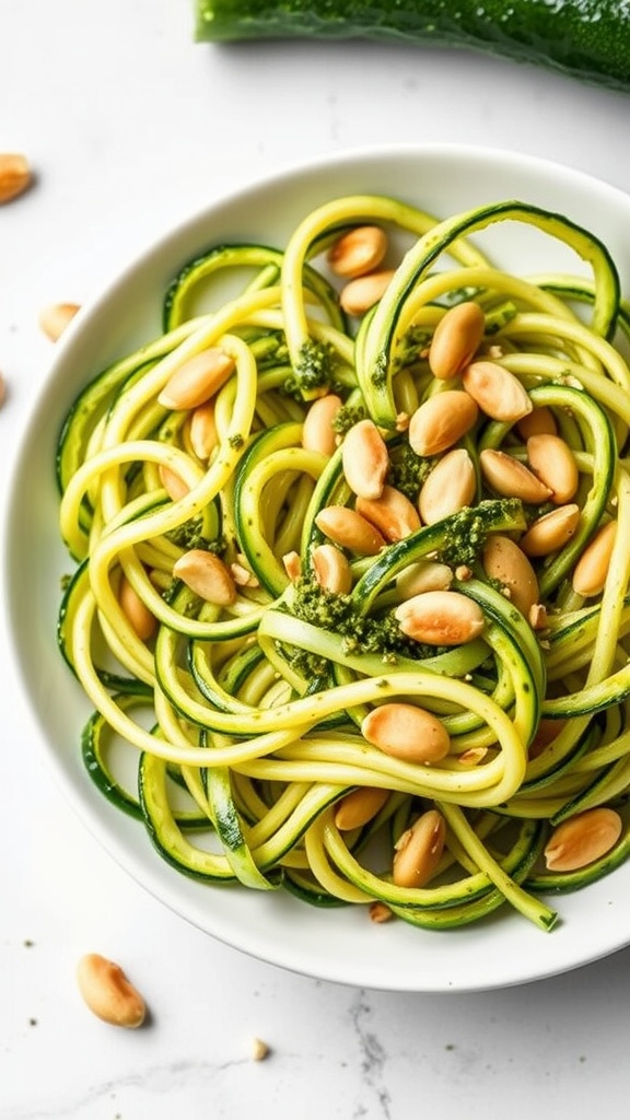 A bowl of zucchini noodles topped with pesto and pine nuts.