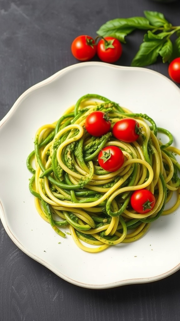 A plate of zucchini noodles with pesto and cherry tomatoes.