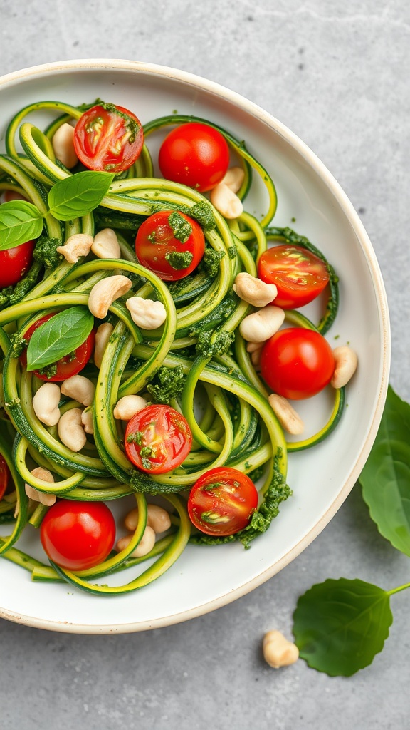 A bowl of zucchini noodles with pesto, cherry tomatoes, and cashews garnished with fresh basil.