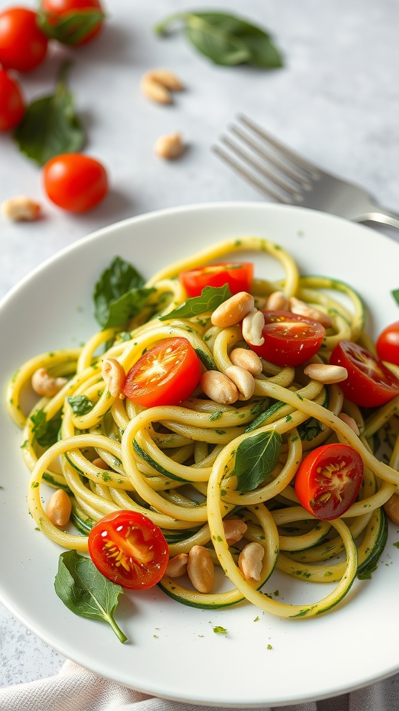 A plate of zucchini noodles topped with pesto, cherry tomatoes, and pine nuts.