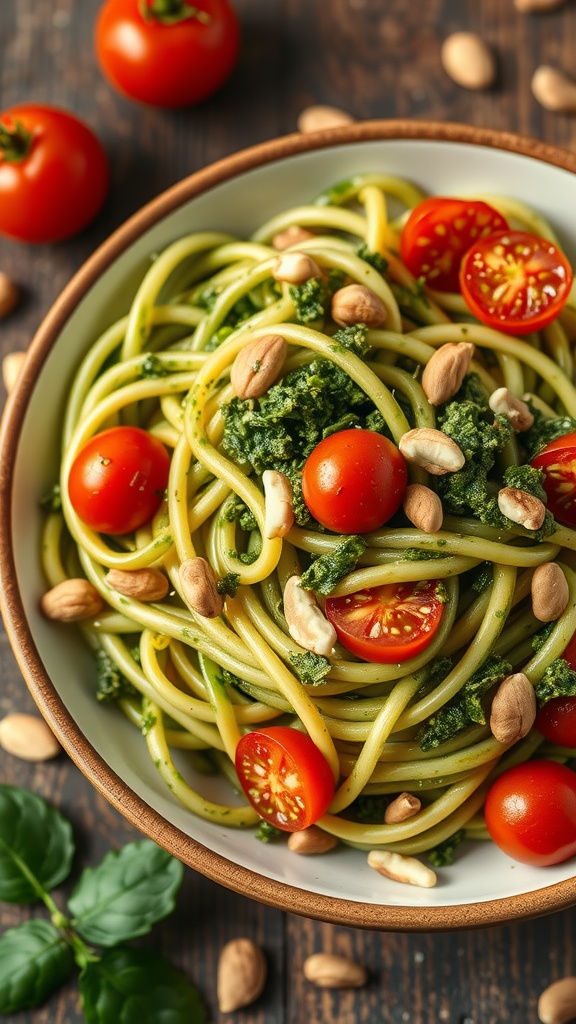 A bowl of zucchini noodles with pesto, topped with cherry tomatoes and pine nuts.