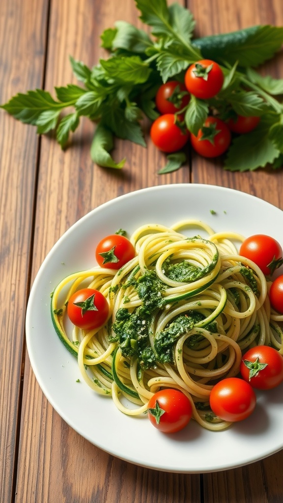 A plate of zucchini noodles dressed in pesto with cherry tomatoes on top
