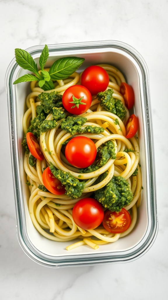 A container of zucchini noodles with pesto sauce and cherry tomatoes on top.