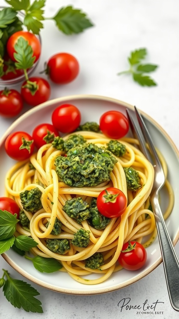 A bowl of zucchini noodles with pesto, topped with cherry tomatoes.
