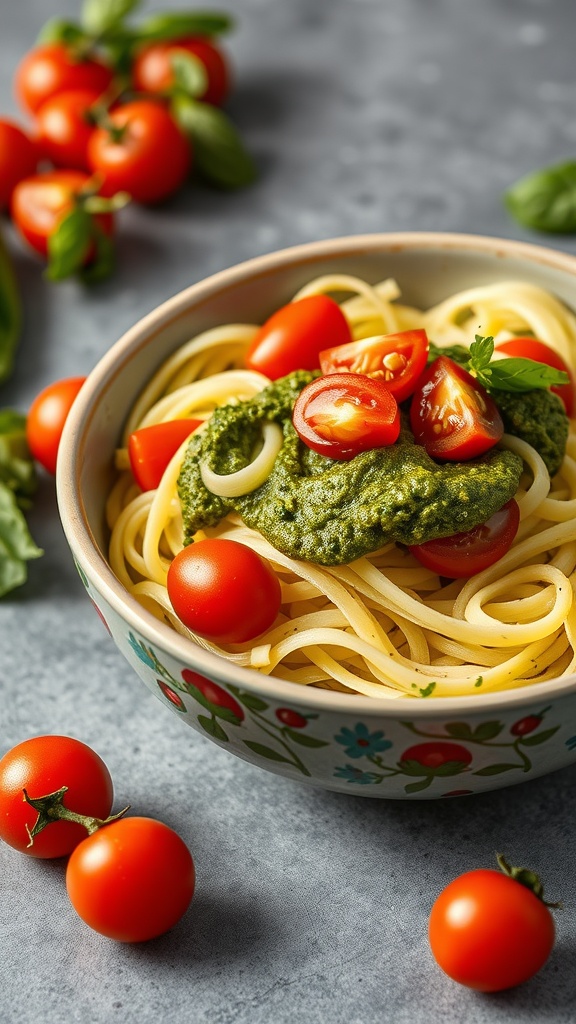 A bowl of zucchini noodles topped with pesto and cherry tomatoes, surrounded by fresh cherry tomatoes.