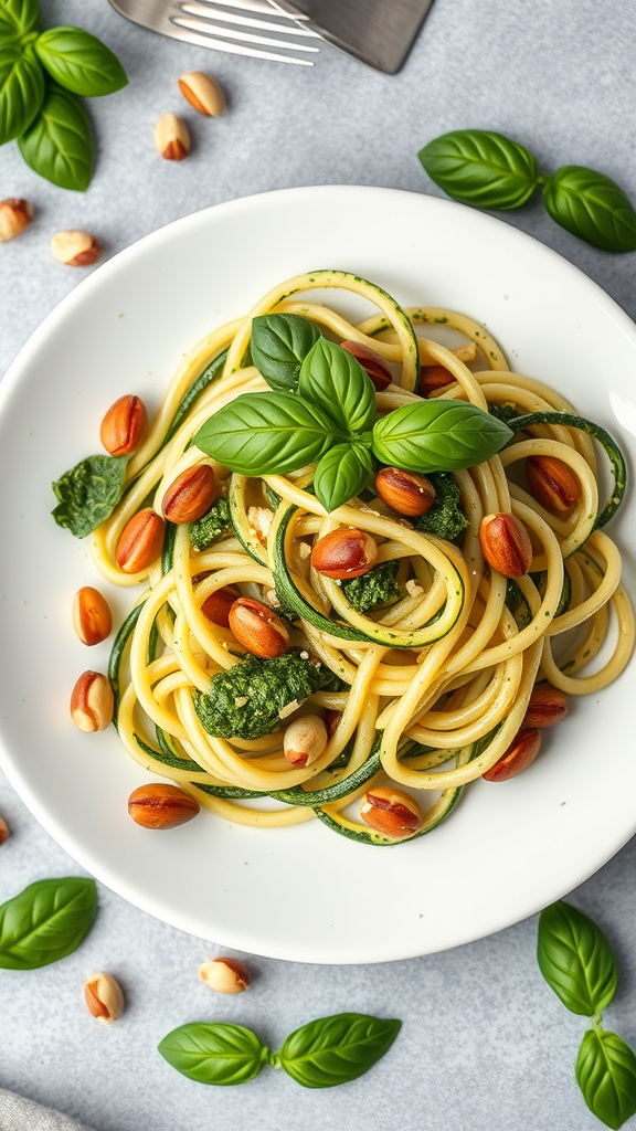 A plate of zucchini noodles with pesto, garnished with basil and peanuts.