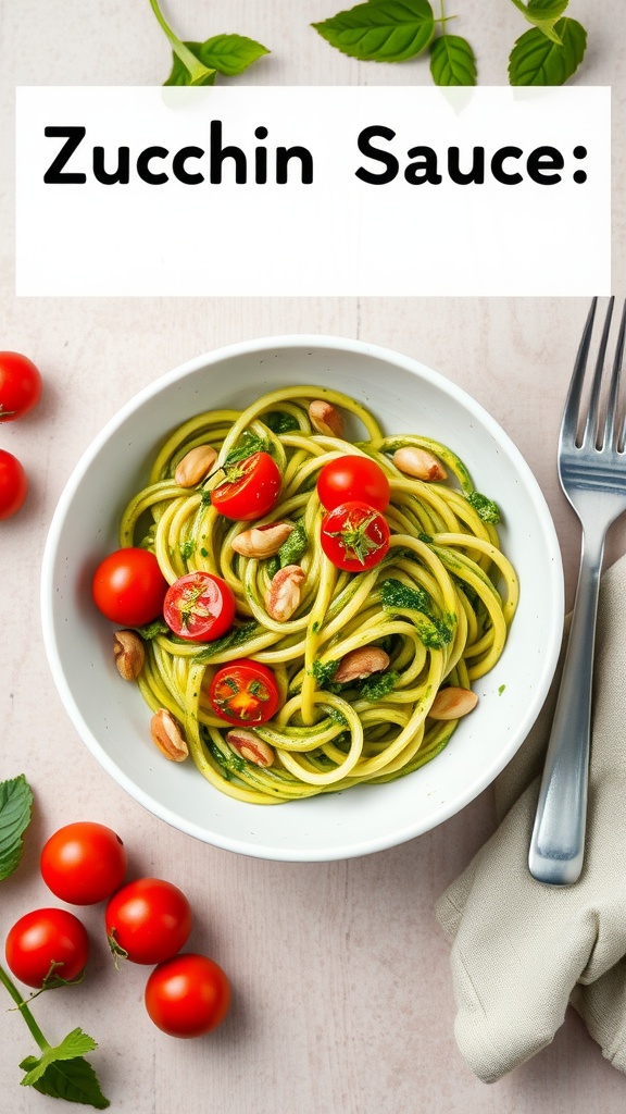A bowl of zucchini noodles topped with pesto and cherry tomatoes, garnished with nuts