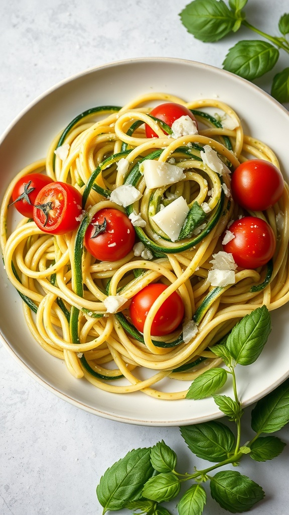 A plate of zucchini noodles with pesto, cherry tomatoes, and basil leaves.