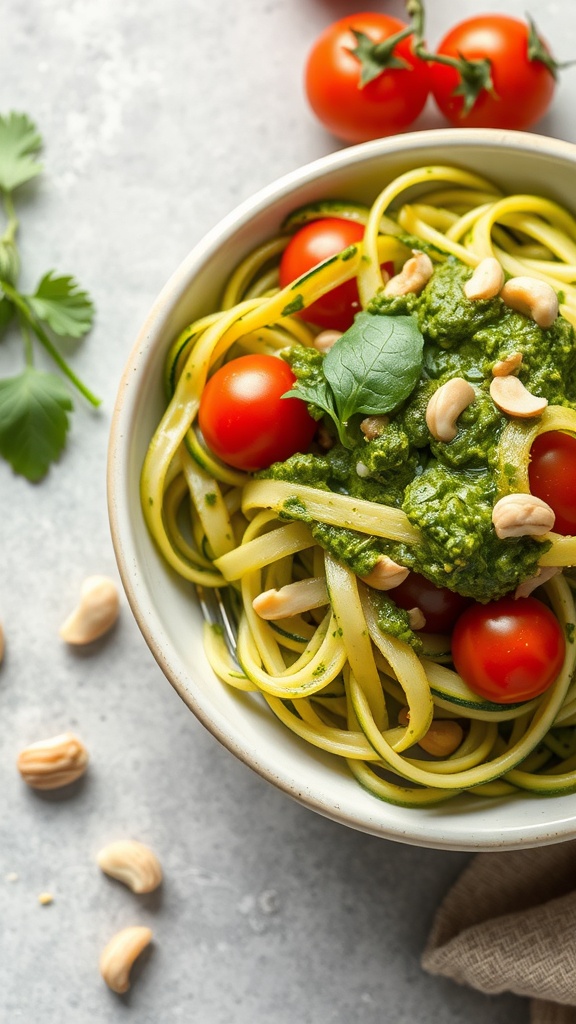 A bowl of zucchini noodles topped with pesto, cherry tomatoes, and cashews.