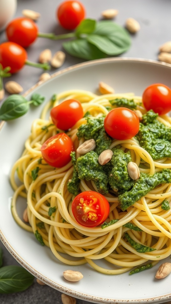 A plate of zucchini noodles topped with pesto and cherry tomatoes, garnished with nuts.