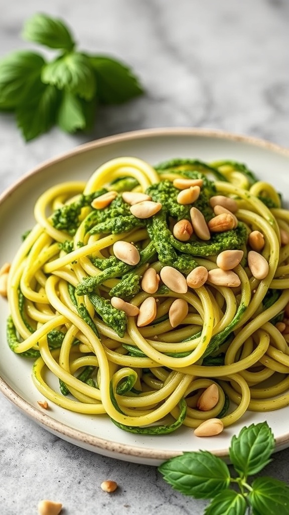 A plate of zucchini noodles with pesto and pine nuts, garnished with fresh basil.
