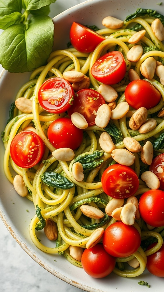 A bowl of zucchini noodles with pesto, topped with cherry tomatoes and nuts.