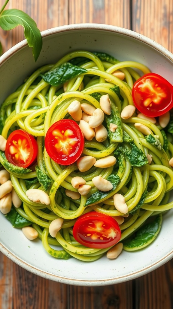A bowl of zucchini noodles with pesto, topped with cherry tomatoes and nuts.