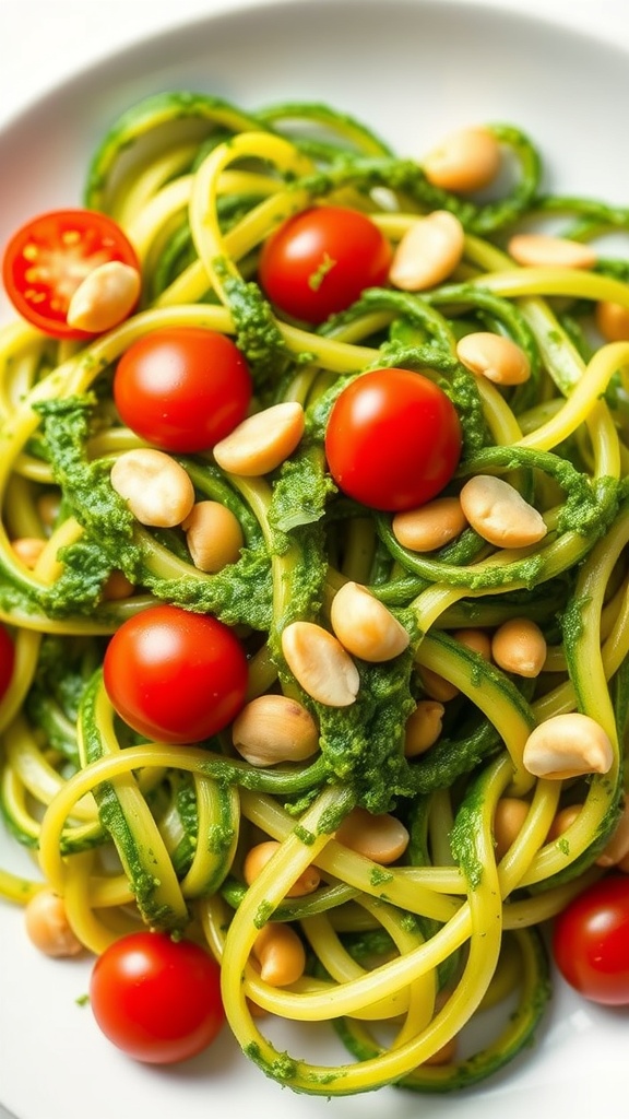 A plate of zucchini noodles with pesto, cherry tomatoes, and peanuts.