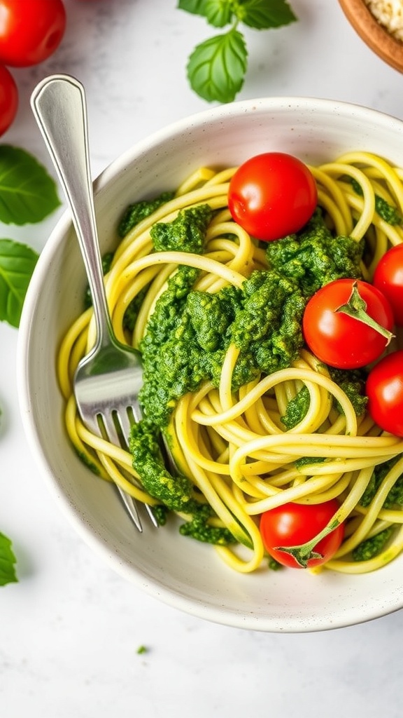 A bowl of zucchini noodles topped with green pesto and cherry tomatoes.