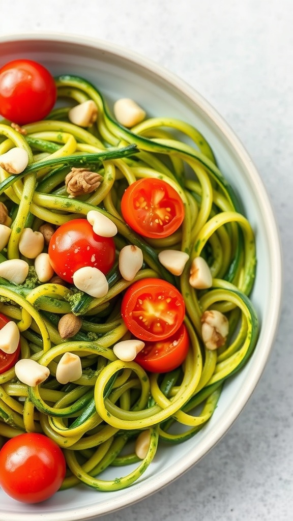 A bowl of zucchini noodles with pesto, cherry tomatoes, and nuts.