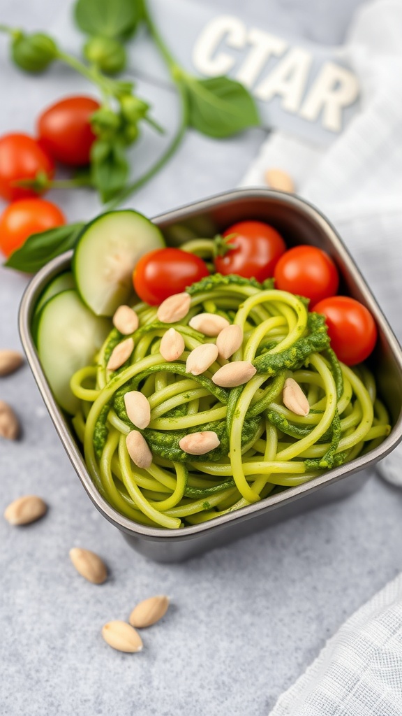 A bento box filled with zucchini noodles tossed in pesto, cherry tomatoes, cucumber slices, and pine nuts.