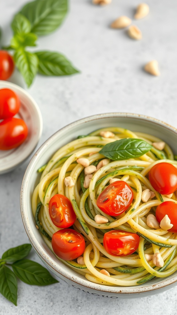 A bowl of zucchini noodles with pesto, cherry tomatoes, and pine nuts, garnished with basil leaves.