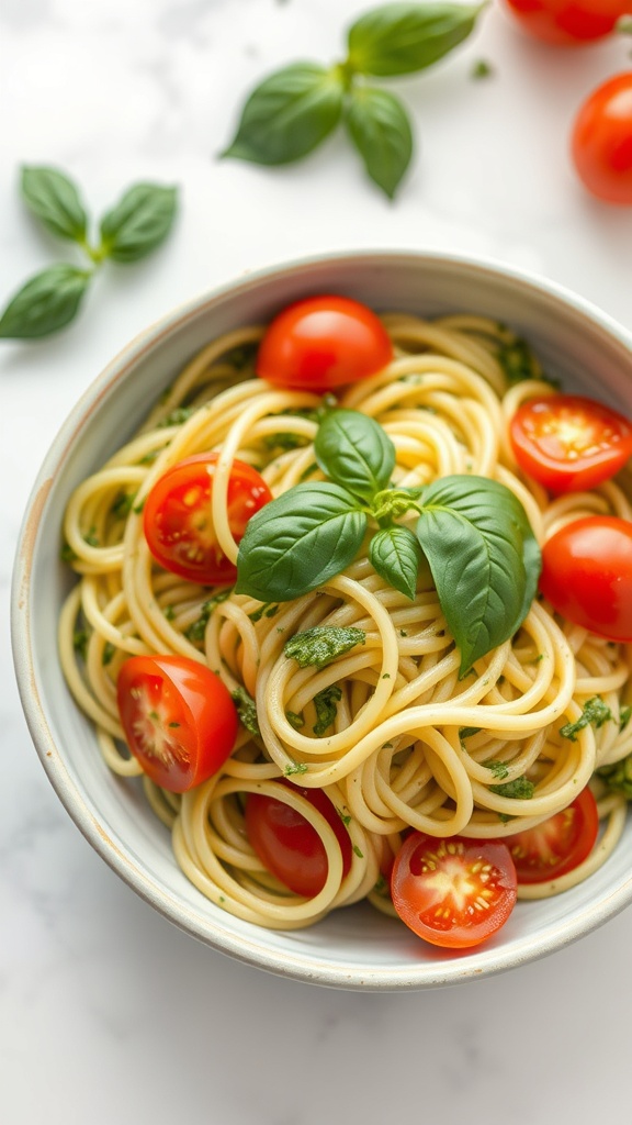 A bowl of zucchini noodles with pesto, cherry tomatoes, and basil leaves.