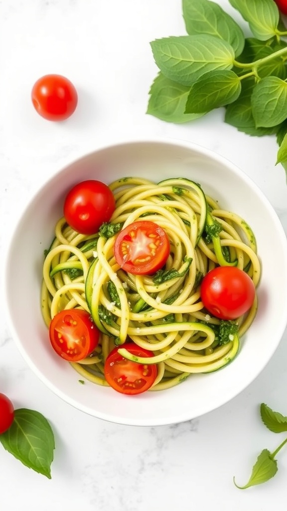 A bowl of zucchini noodles with pesto and cherry tomatoes