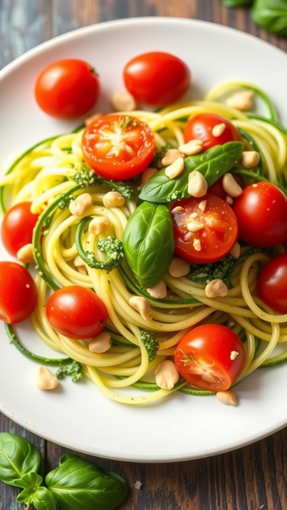A plate of zucchini noodles topped with pesto, cherry tomatoes, and pine nuts.