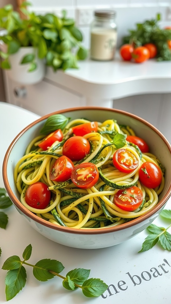 A bowl of zucchini noodles with cherry tomatoes and pesto.